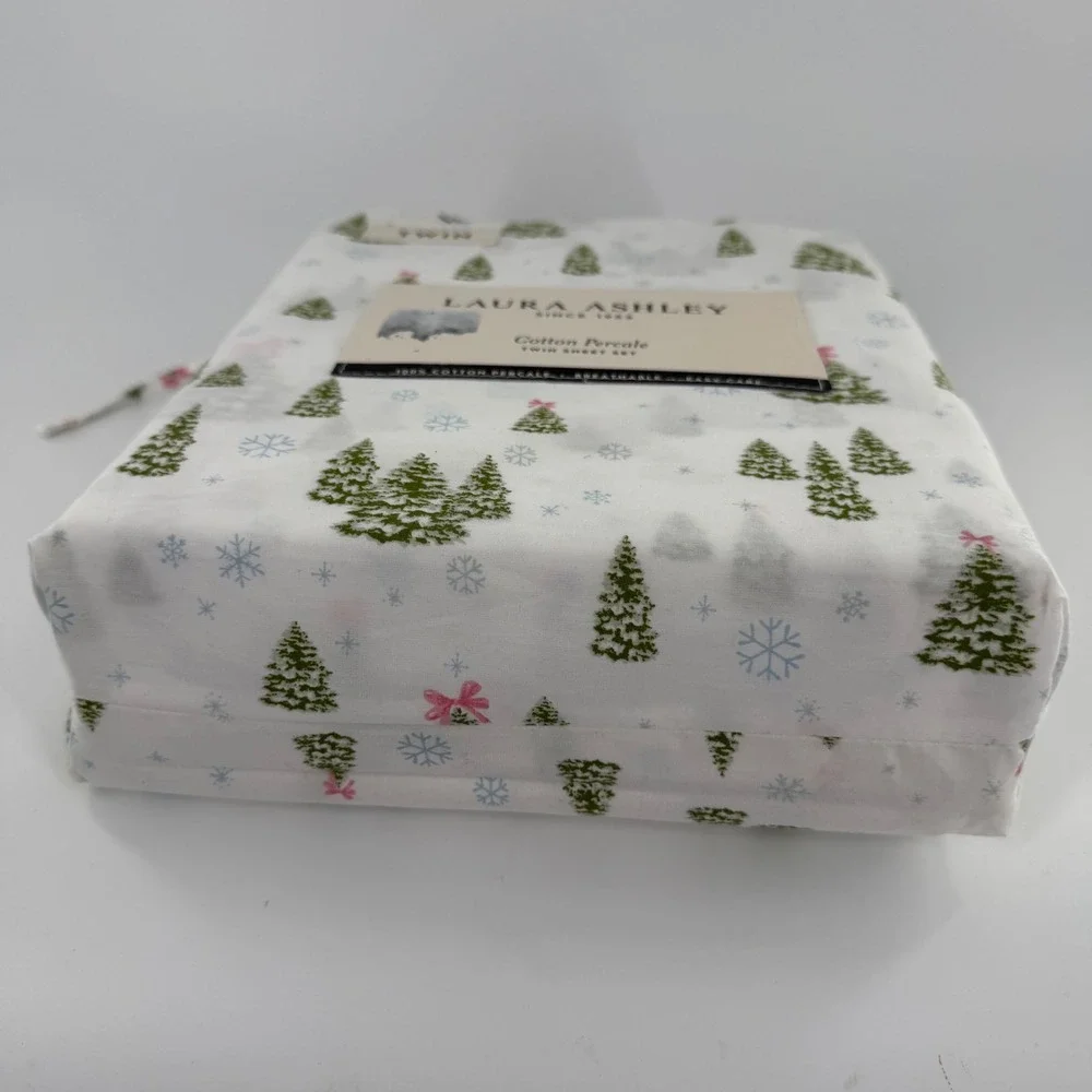 Laura Ashley Twin Sheet Set Cotton Percale Christmas Tree Snowflake White Green